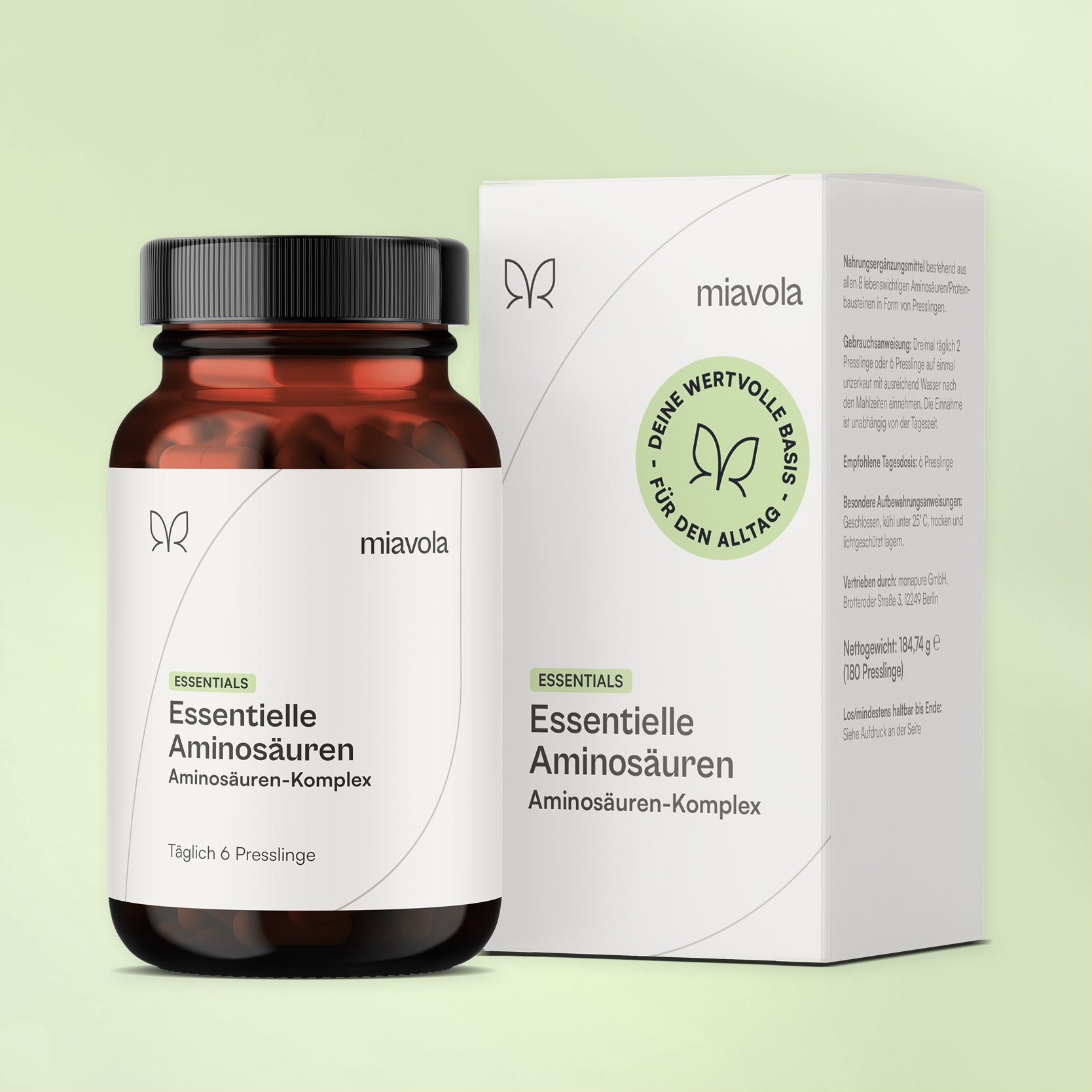Essentielle Aminosäuren von miavola: Braunglasdose neben der Faltschachtel, Aminosäuren-Komplex, täglich 6 Presslinge