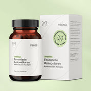 Essentielle Aminosäuren von miavola: Braunglasdose neben der Faltschachtel, Aminosäuren-Komplex, täglich 6 Presslinge