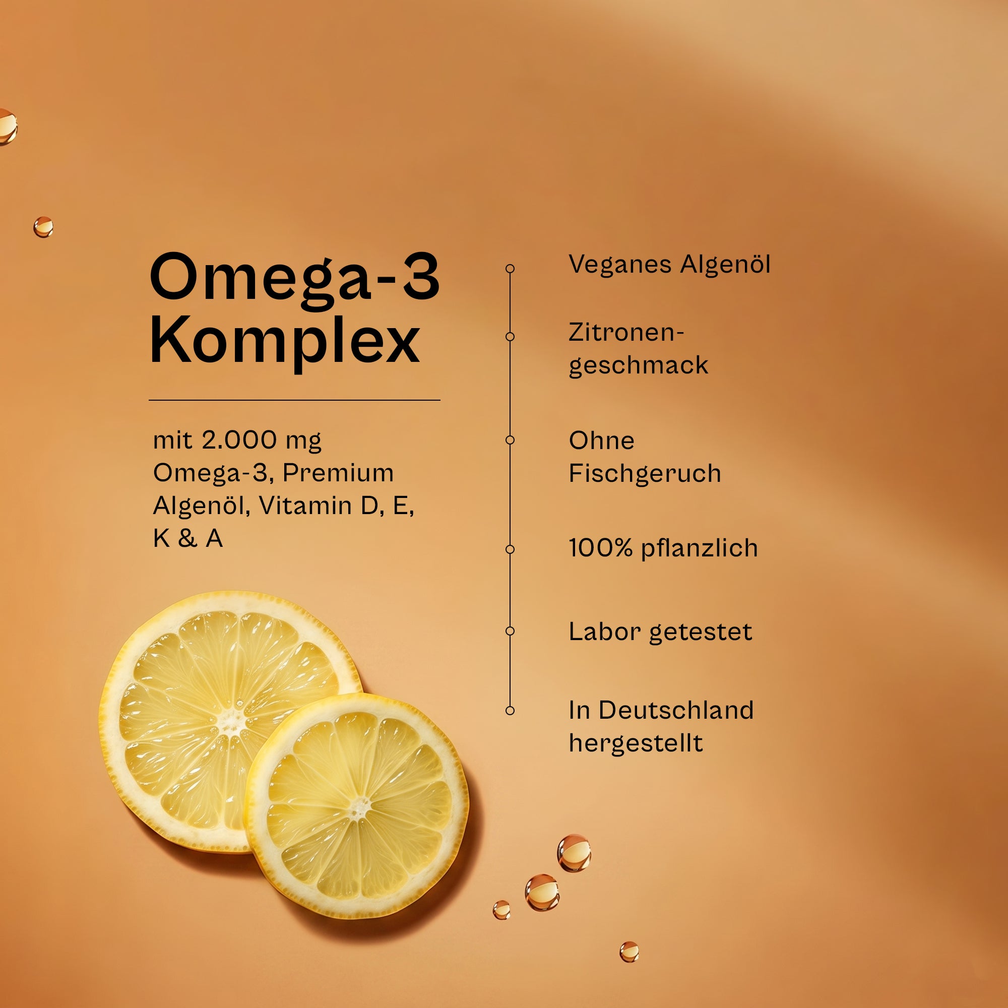 Omega-3-Komplex im Überblick: 2.000 mg Omega-3 aus veganem Premium-Algenöl mit Vitamin D, E, K und A, Zitronengeschmack, ohne Fischgeruch, 100 Prozent pflanzlich, laborgetestet, in Deutschland hergestellt