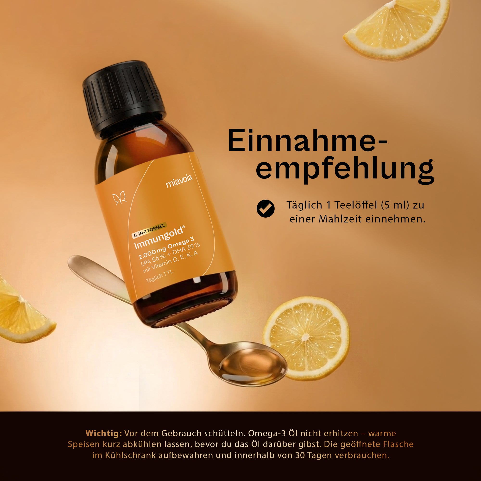 Einnahmeempfehlung Immungold: täglich 1 Teelöffel, also 5 ml, zu einer Mahlzeit, vor Gebrauch schütteln, nicht erhitzen, geöffnet gekühlt aufbewahren und innerhalb von 30 Tagen verbrauchen
