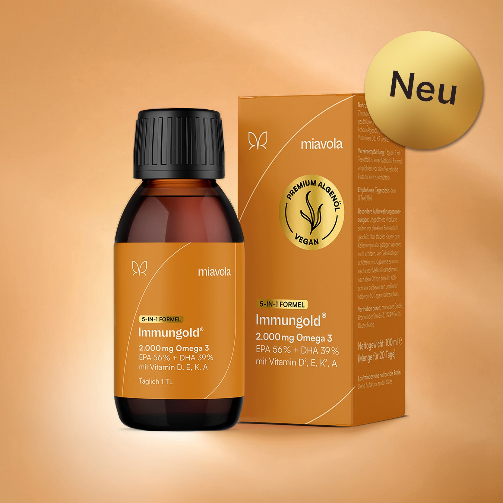 Immungold von miavola Produktvorderseite: Flasche mit Omega-3-Öl neben der Faltschachtel, 2.000 mg Omega 3, EPA 56 Prozent und DHA 39 Prozent, mit Vitamin D, E, K und A