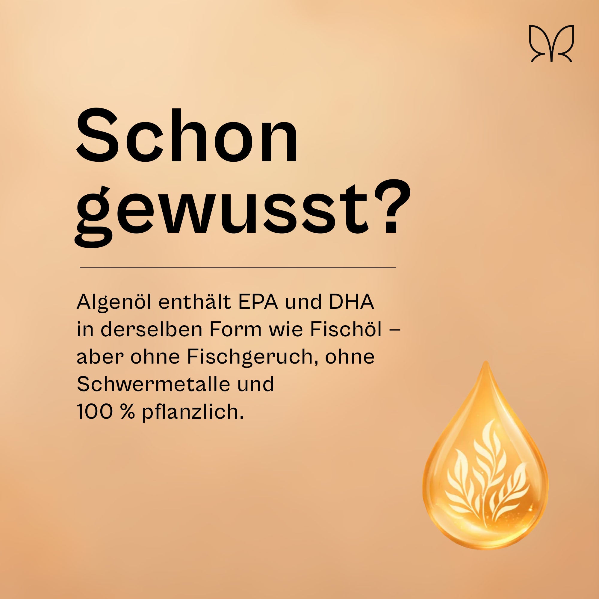 Infokachel „Schon gewusst?": Algenöl enthält EPA und DHA in derselben Form wie Fischöl, aber ohne Fischgeruch, ohne Schwermetalle und 100 Prozent pflanzlich
