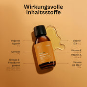 Inhaltsstoffe im Immungold: veganes Algenöl 3,7 g, Olivenöl 1,19 g, Omega-3-Fettsäuren aus EPA, DHA und DPA, Vitamin D3 50 µg, Vitamin E 3,0 mg, Vitamin A 400 µg, Vitamin K2 MK-7 90 µg