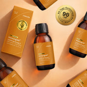Mehrere Flaschen und Verpackungen Immungold mit dem Siegel „90-Tage-Geld-zurück-Garantie"