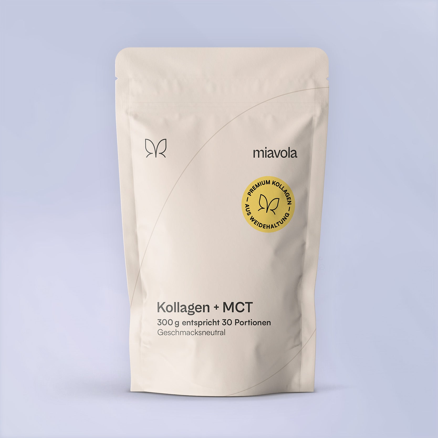 Kollagen + MCT produktvorderseite im Standbeutel von miavola, 300 g für 30 Portionen, geschmacksneutral, mit dem Siegel „Premium Kollagen aus Weidehaltung"