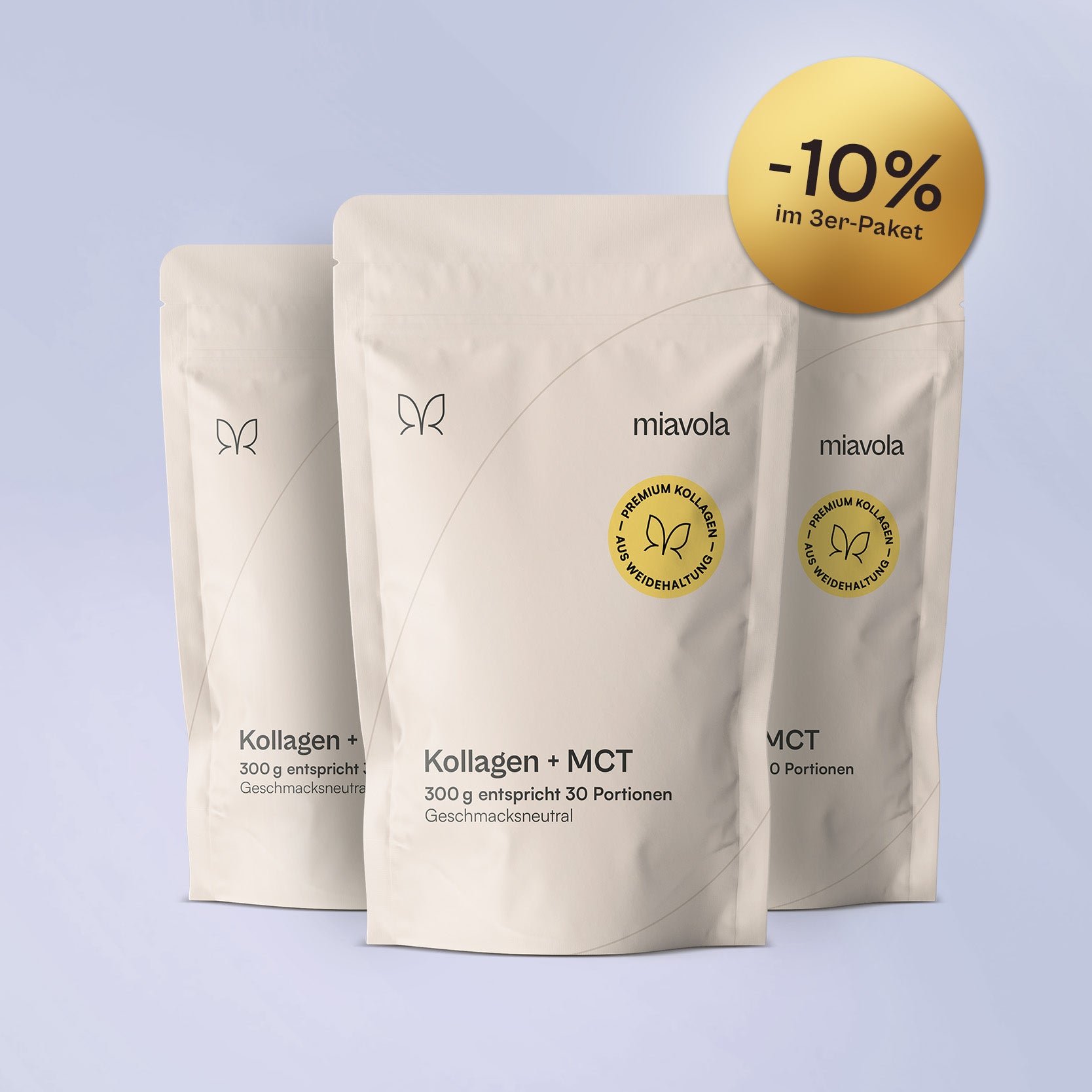 Drei Standbeutel Kollagen + MCT im 3er-Paket, 10 Prozent günstiger