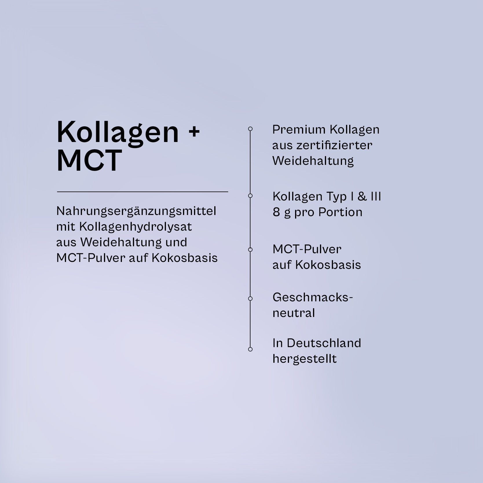 Kollagen + MCT im Überblick: Premium-Kollagen aus zertifizierter Weidehaltung, Typ I und III mit 8 g pro Portion, MCT-Pulver auf Kokosbasis, geschmacksneutral, in Deutschland hergestellt