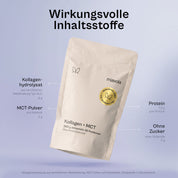 Inhaltsstoffe Kollagen + MCT pro Portion: Kollagenhydrolysat Typ I und III 8 g aus zertifizierter Weidehaltung, MCT-Pulver aus Kokosöl 2 g, 7,3 g Protein, ohne Zucker