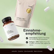 Einnahmeempfehlung Protein-Bundle: täglich 6 Presslinge Aminosäuren mit reichlich Wasser und 10 g Kollagen-MCT in Kaffee, Smoothie oder Joghurt einrühren