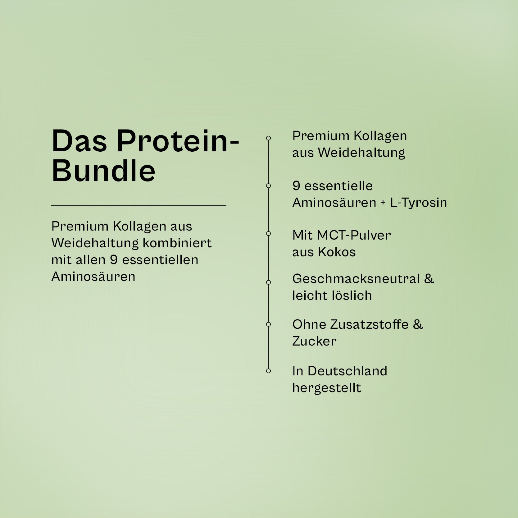 Das Protein-Bundle im Überblick: Premium-Kollagen aus Weidehaltung, 9 essentielle Aminosäuren plus L-Tyrosin, MCT-Pulver aus Kokos, geschmacksneutral und leicht löslich, ohne Zusatzstoffe und Zucker