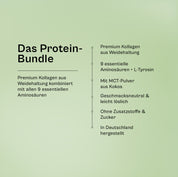 Das Protein-Bundle im Überblick: Premium-Kollagen aus Weidehaltung, 9 essentielle Aminosäuren plus L-Tyrosin, MCT-Pulver aus Kokos, geschmacksneutral und leicht löslich, ohne Zusatzstoffe und Zucker