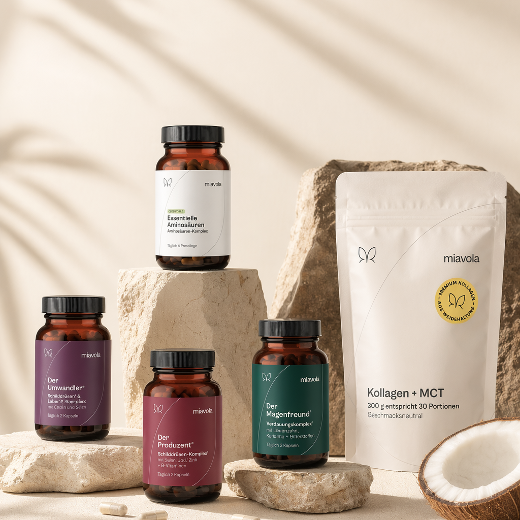 Alle Produkte von miavola: Essentielle Aminosäuren, Der Umwandler, Der Produzent, Der Magenfreund und Kollagen + MCT