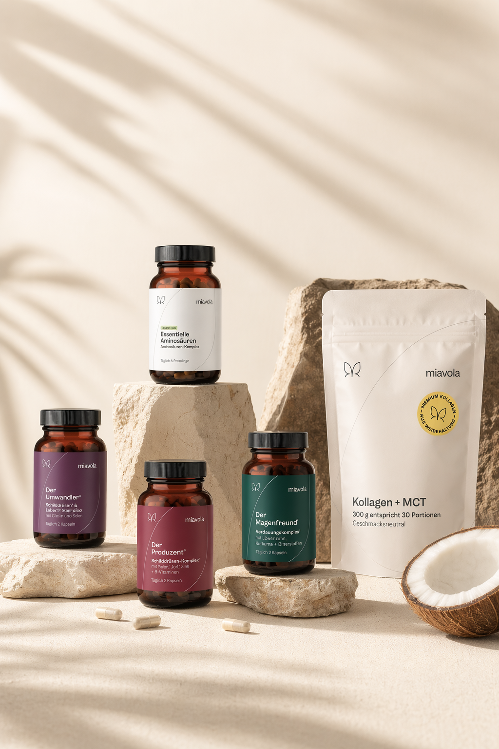 Alle Produkte von miavola: Essentielle Aminosäuren, Der Umwandler, Der Produzent, Der Magenfreund und Kollagen + MCT