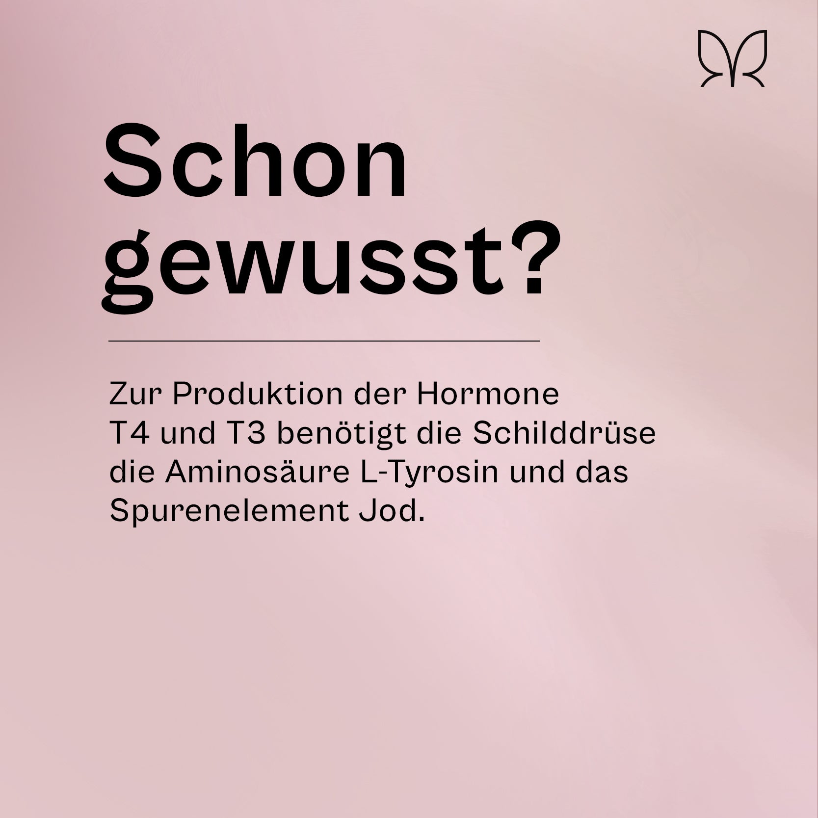 Infokachel „Schon gewusst?": Zur Produktion der Hormone T4 und T3 benötigt die Schilddrüse die Aminosäure L-Tyrosin und das Spurenelement Jod