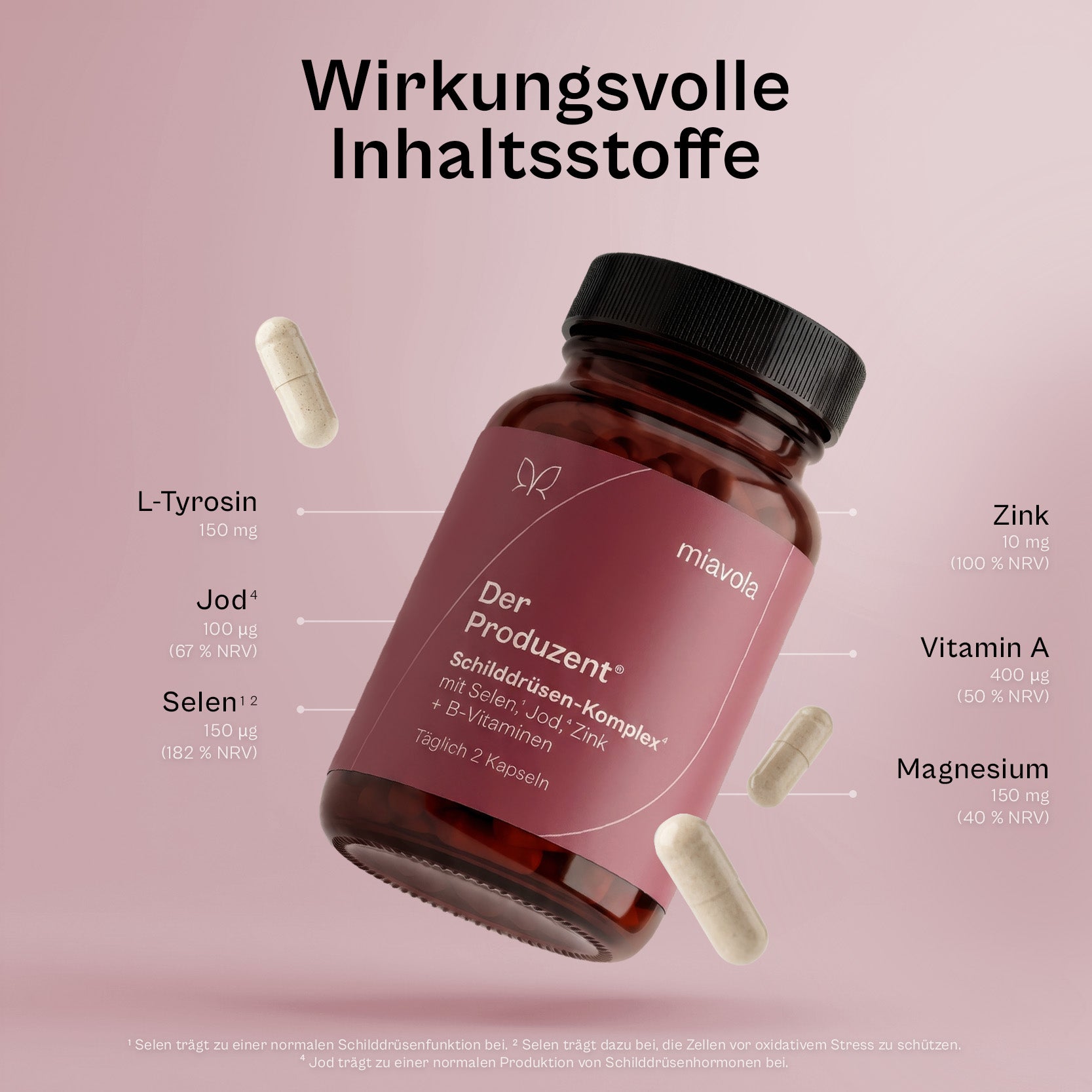 Inhaltsstoffe im Produzenten pro Tagesdosis: L-Tyrosin 150 mg, Selen 150 µg, Magnesium 150 mg, Jod 100 µg, Zink 10 mg, Vitamin A 400 µg