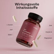 Inhaltsstoffe im Produzenten pro Tagesdosis: L-Tyrosin 150 mg, Selen 150 µg, Magnesium 150 mg, Jod 100 µg, Zink 10 mg, Vitamin A 400 µg