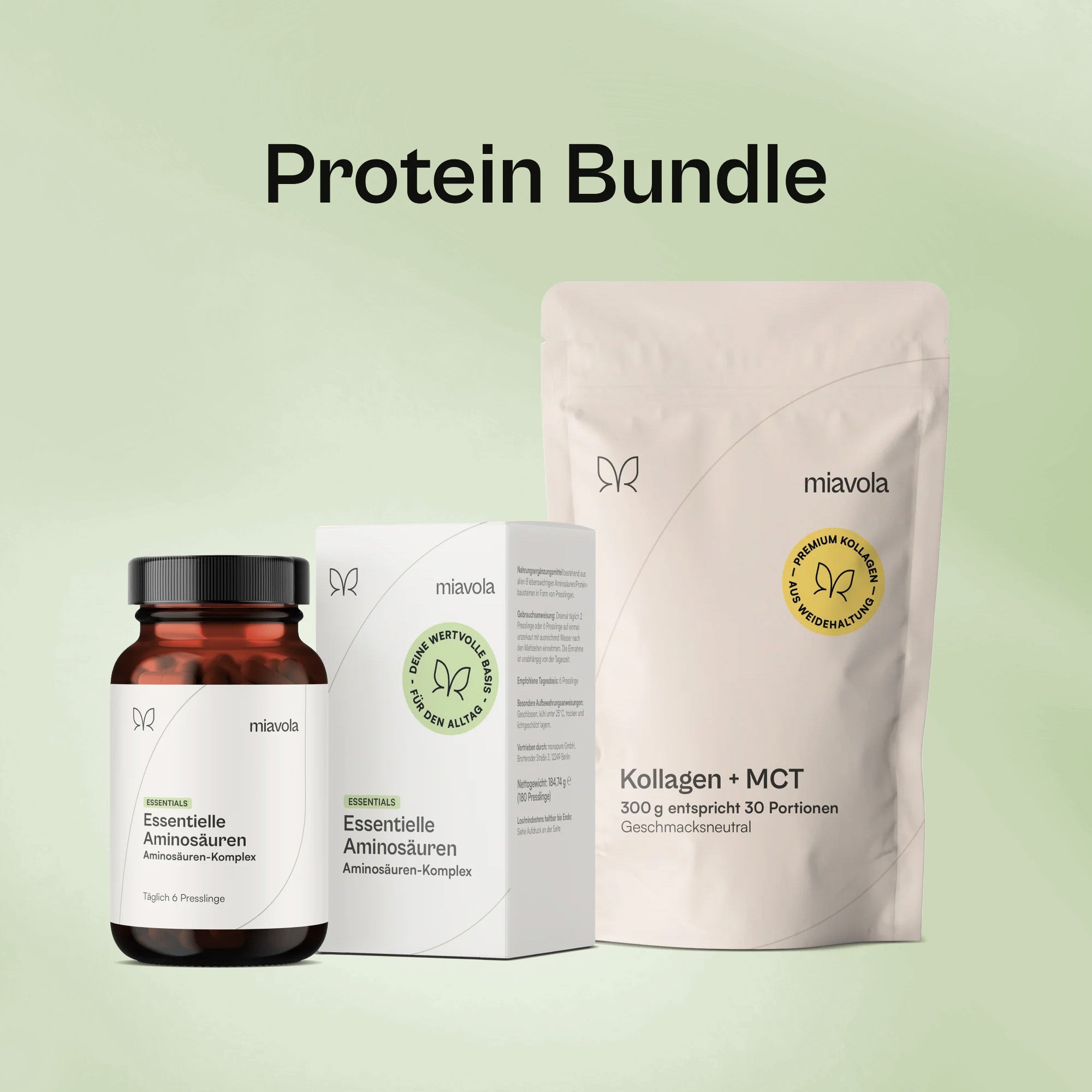 Protein Bundle: Dose und Verpackung der Essentiellen Aminosäuren neben dem Standbeutel Kollagen + MCT