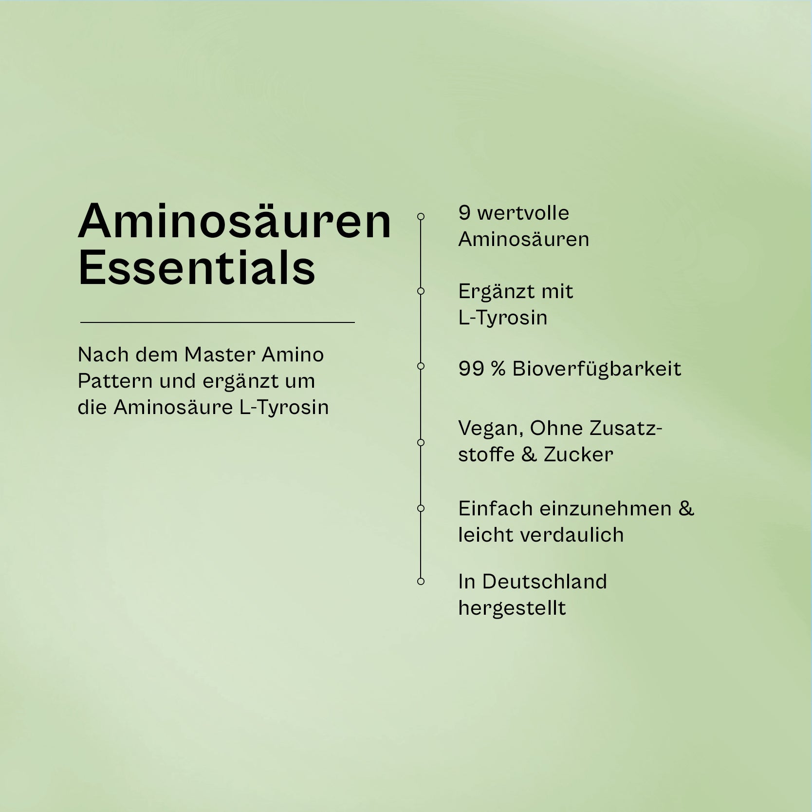 Aminosäuren Essentials im Überblick: 9 wertvolle Aminosäuren nach dem Master Amino Pattern, ergänzt um L-Tyrosin, 99 Prozent Bioverfügbarkeit, vegan, ohne Zusatzstoffe und Zucker, in Deutschland hergestellt