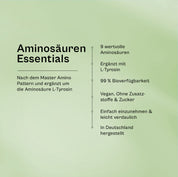 Aminosäuren Essentials im Überblick: 9 wertvolle Aminosäuren nach dem Master Amino Pattern, ergänzt um L-Tyrosin, 99 Prozent Bioverfügbarkeit, vegan, ohne Zusatzstoffe und Zucker, in Deutschland hergestellt